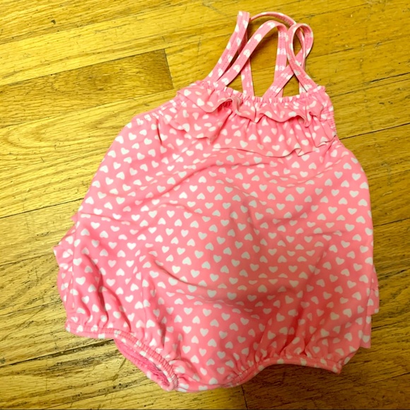 Ruffle Bum Pink Heart Polka Dot Baby Swimsuit - Picture 2 of 6